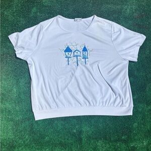 White Vintage Bon Worth embroidered women’s birdhouses t-shirt
